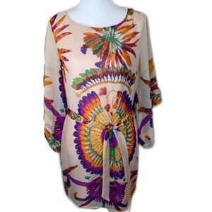 Ark & Co. beautiful feather pattern dress, silky, oversized bell sleeves S